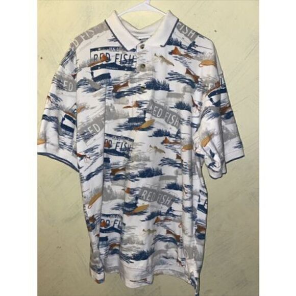 Columbia Men's L Fishing Polo Shirt Red Fish Shrimp 100% Cotton Short Sleeve - Picture 2 of 8